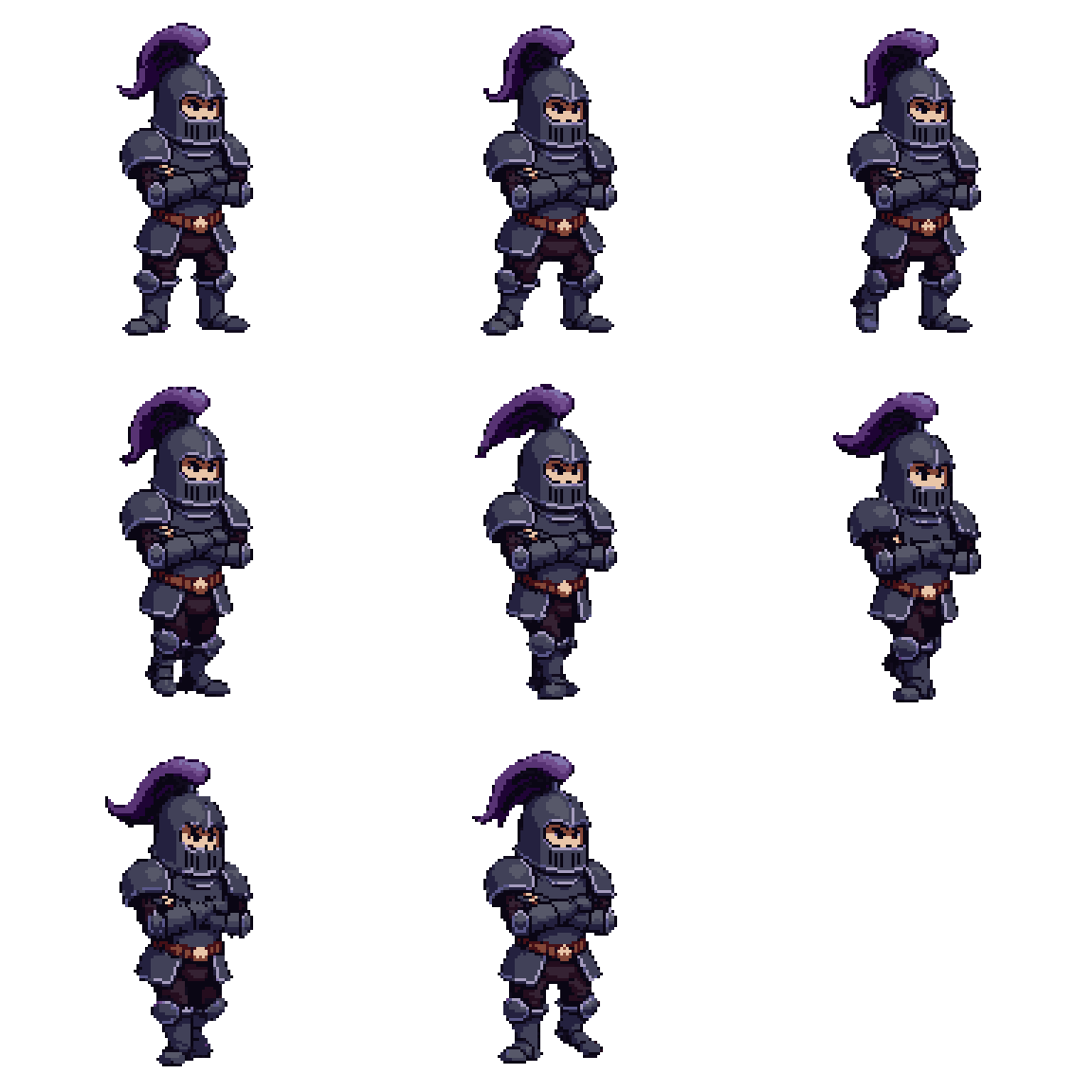 Knight in Black Armor with Purple Plume Walking pixel art