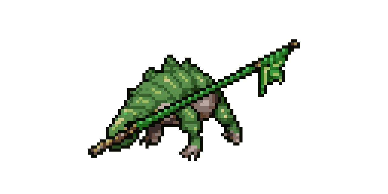 armored lizard with green staff pixel art