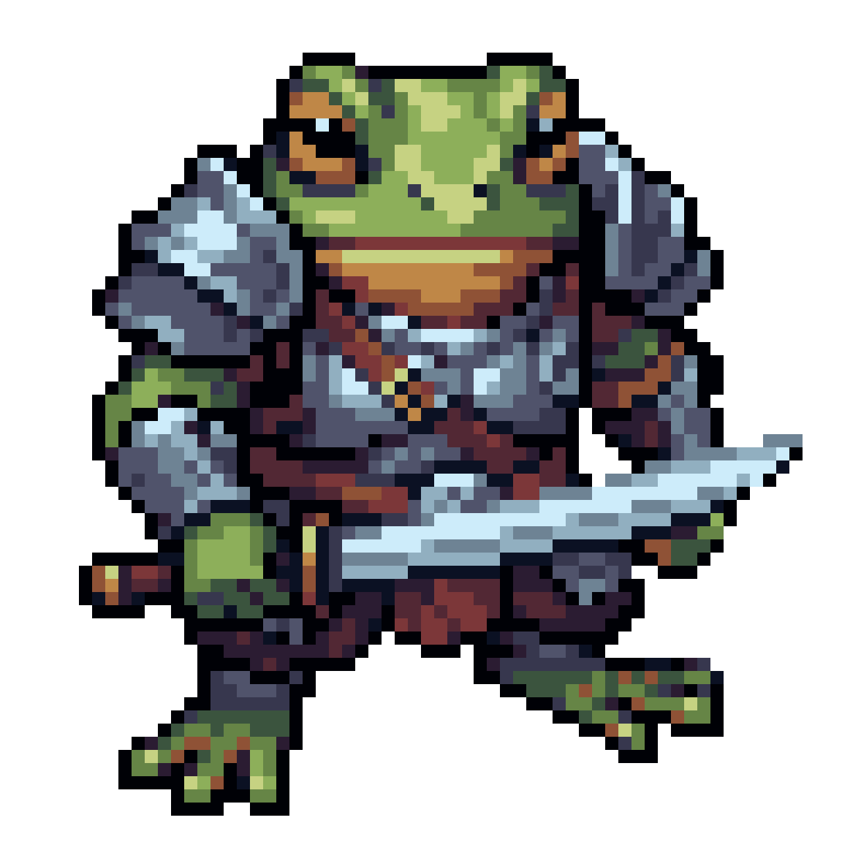frog warrior in battle worn armor pixel art