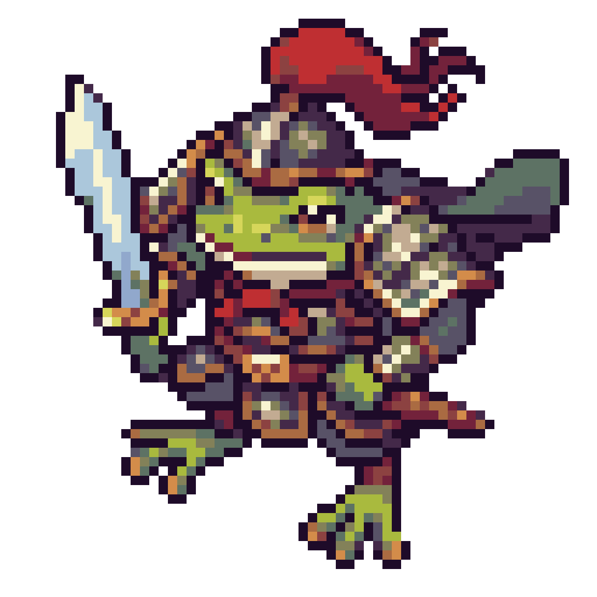 frog warrior in battle worn armor pixel art