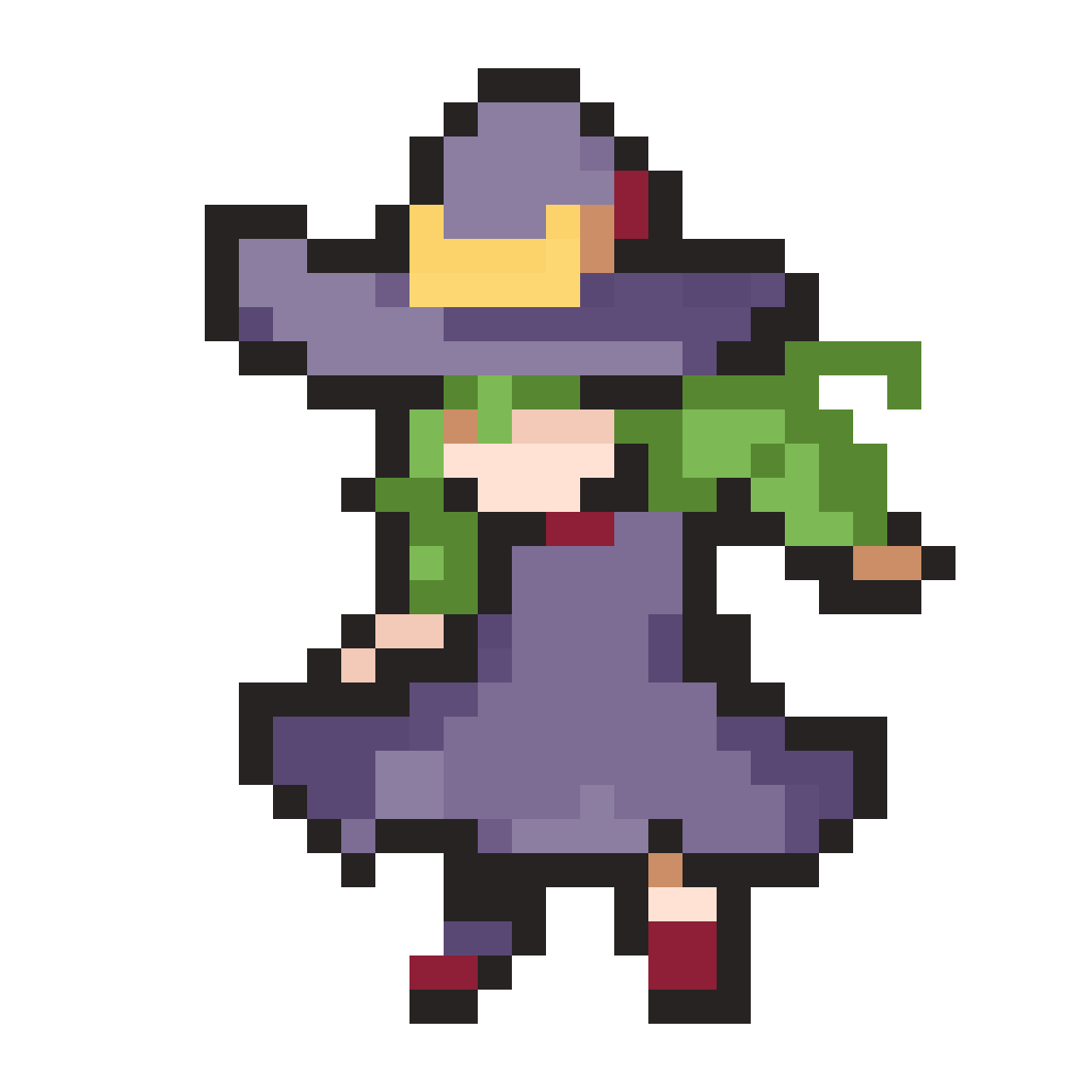 witch with green power in idle pose pixel art