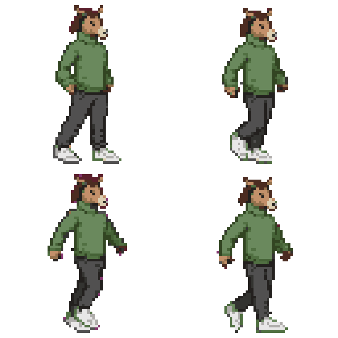 2D sprite with mule head and green turtleneck Walking pixel art