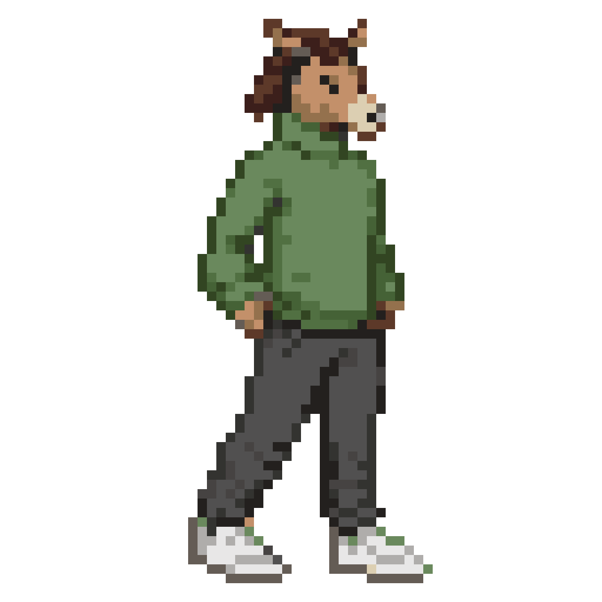 2D sprite with mule head and green turtleneck pixel art