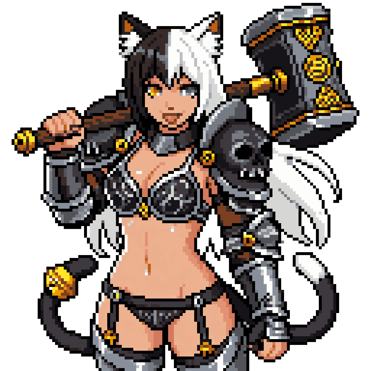 female cat girl knight with hammer pixel art