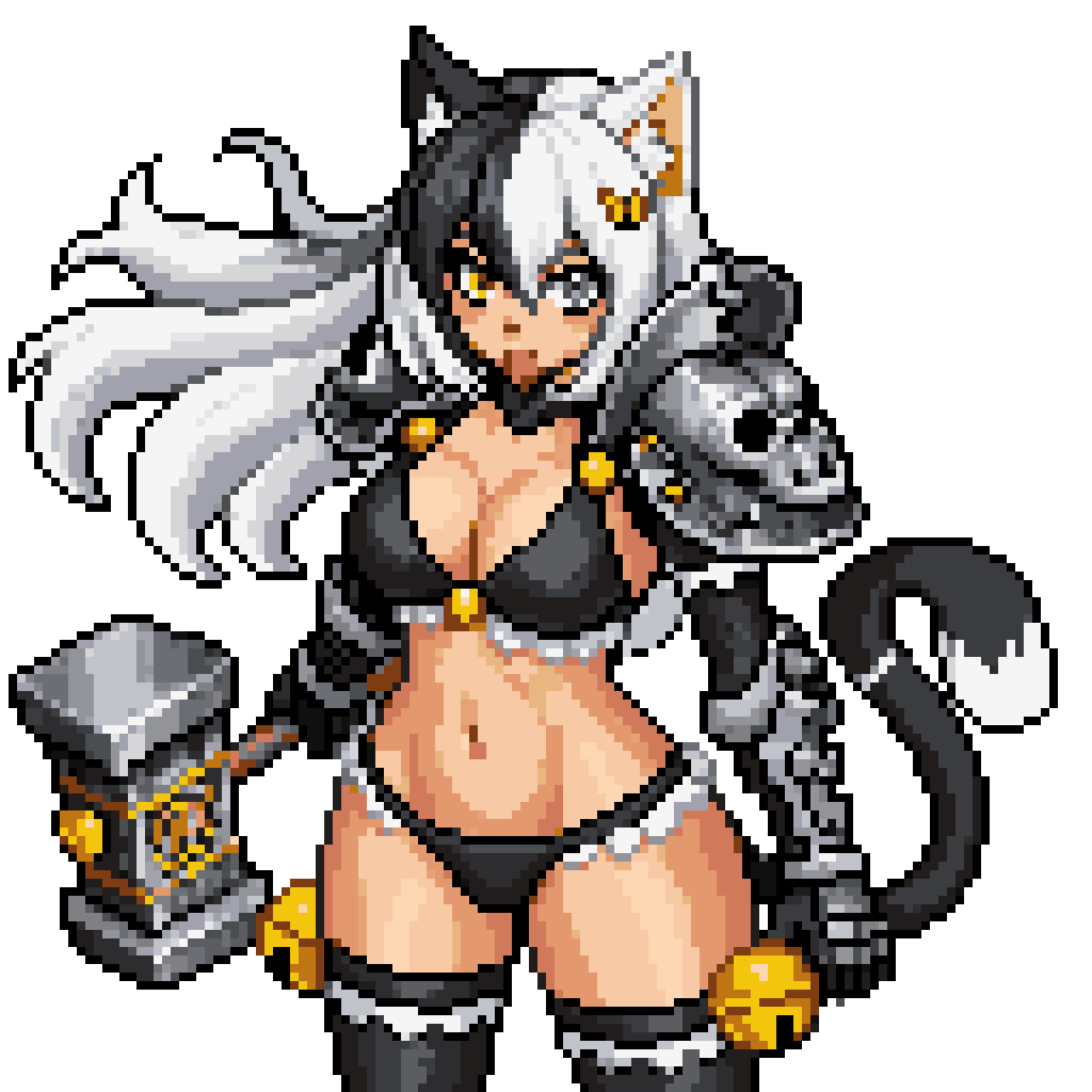 female cat girl knight with hammer pixel art