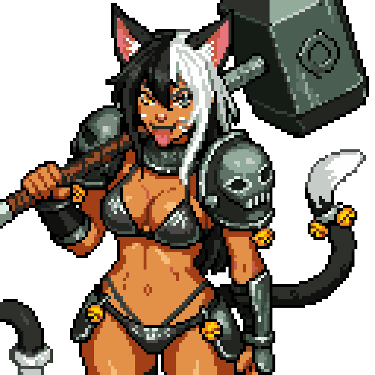 female cat girl knight with hammer pixel art