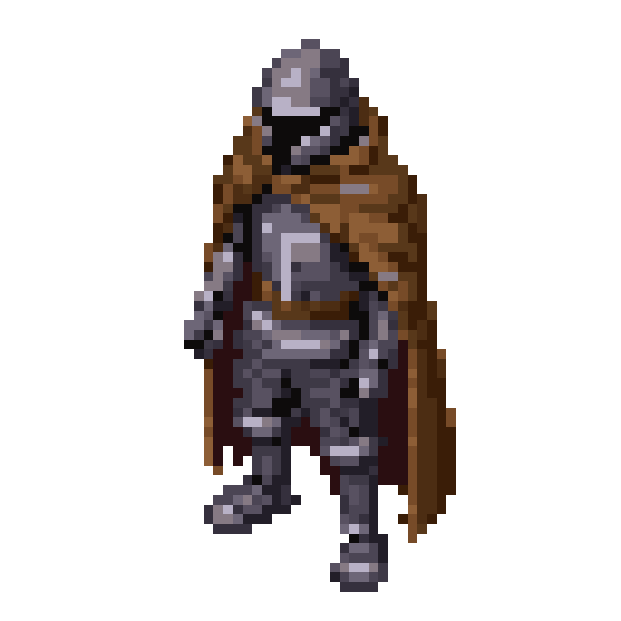 knight in black armor with torn cape pixel art