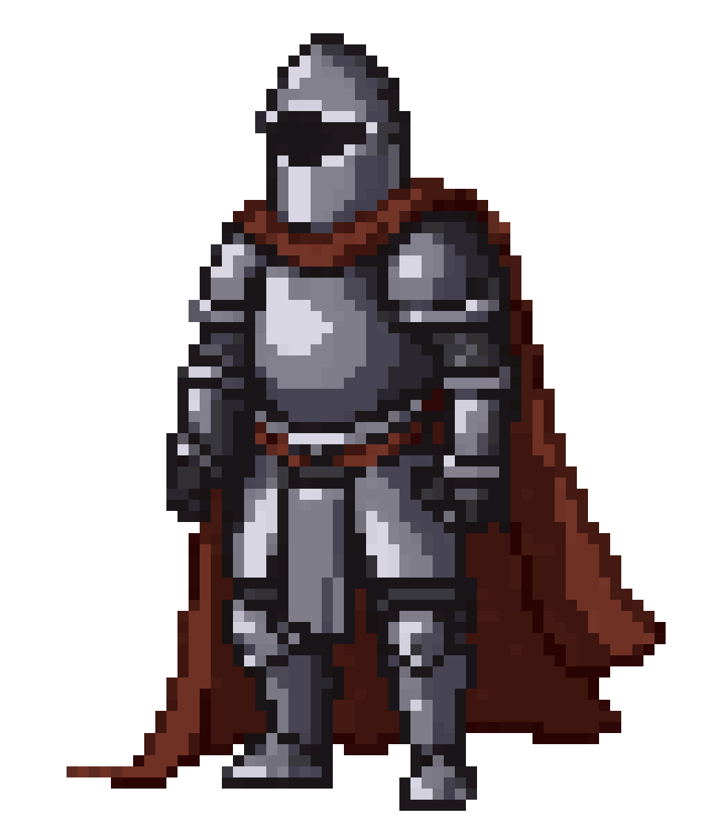 knight in black armor with torn cape pixel art