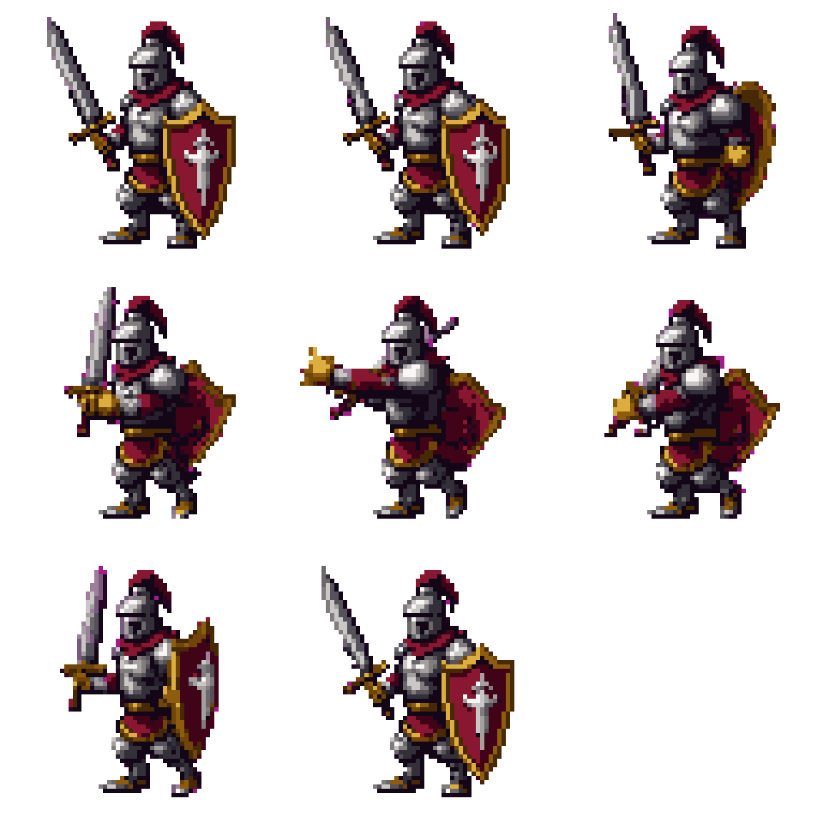a warrior with golden armor sword and shield Attacking pixel art