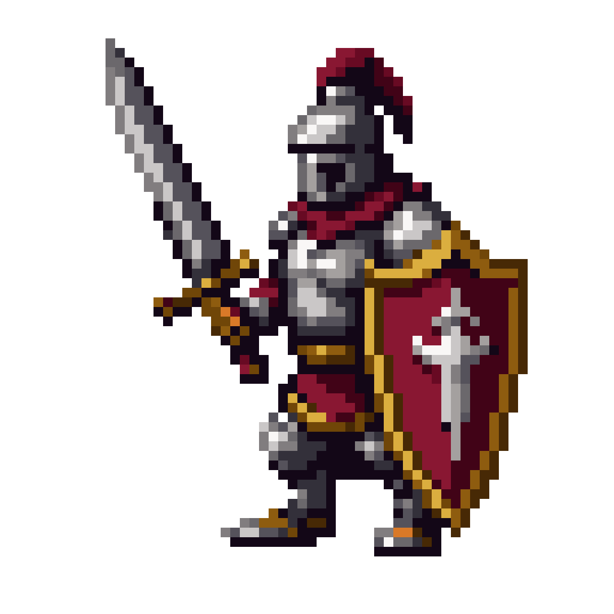 a warrior with golden armor sword and shield pixel art