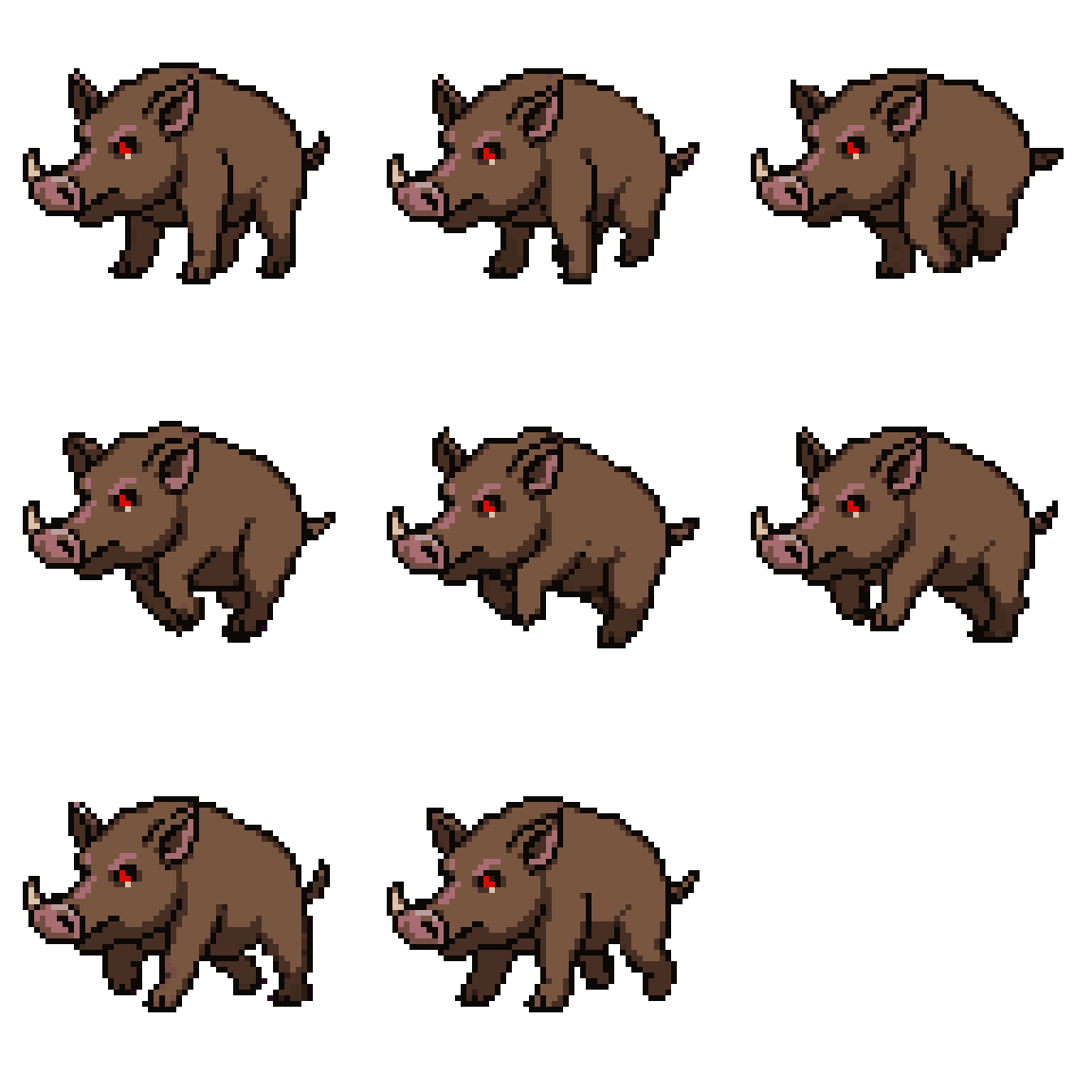 medium age brown boar with red eyes Running pixel art