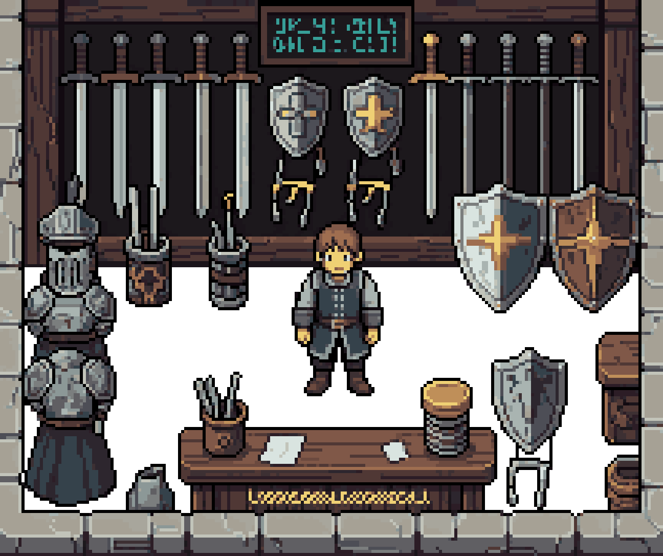 Old Medieval Armory with Weapons pixel art