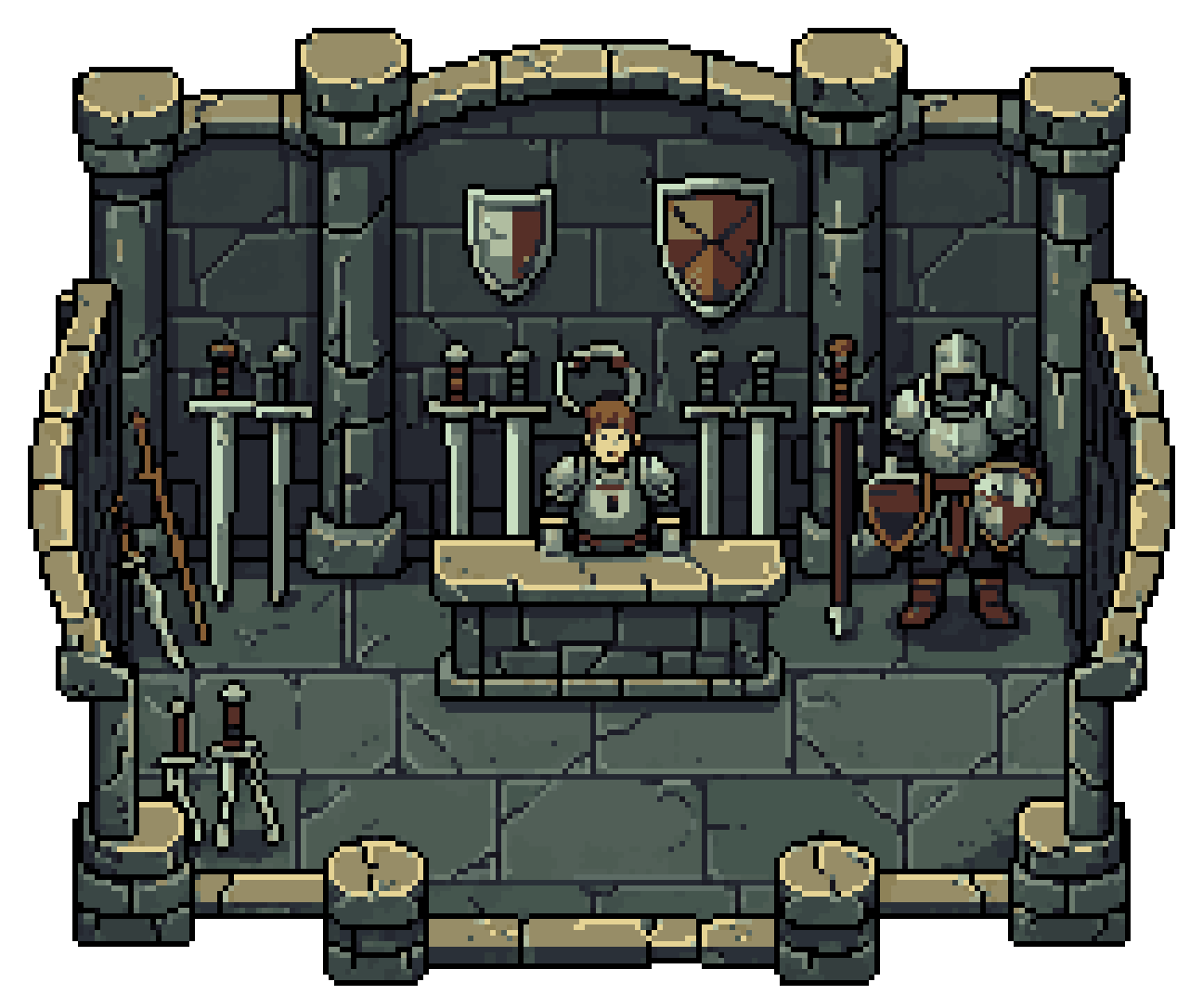 Old Medieval Armory with Weapons pixel art