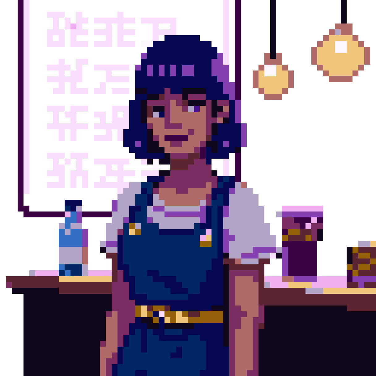Cyberpunk Female Bartender in 16-bit pixel art