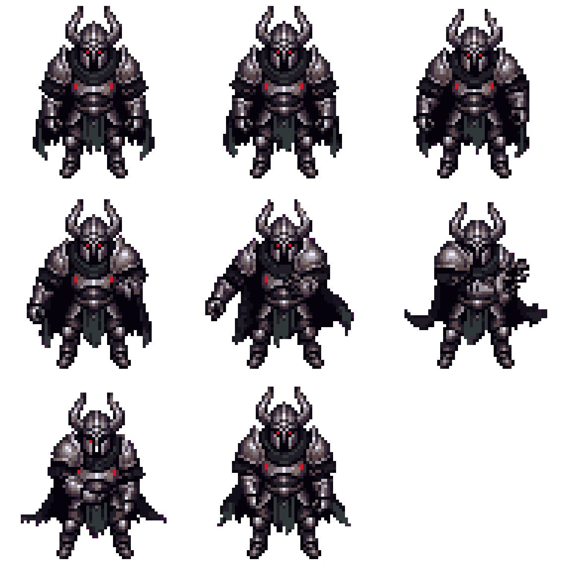 Helmed Knight with Red Glowing Eyes Attacking pixel art