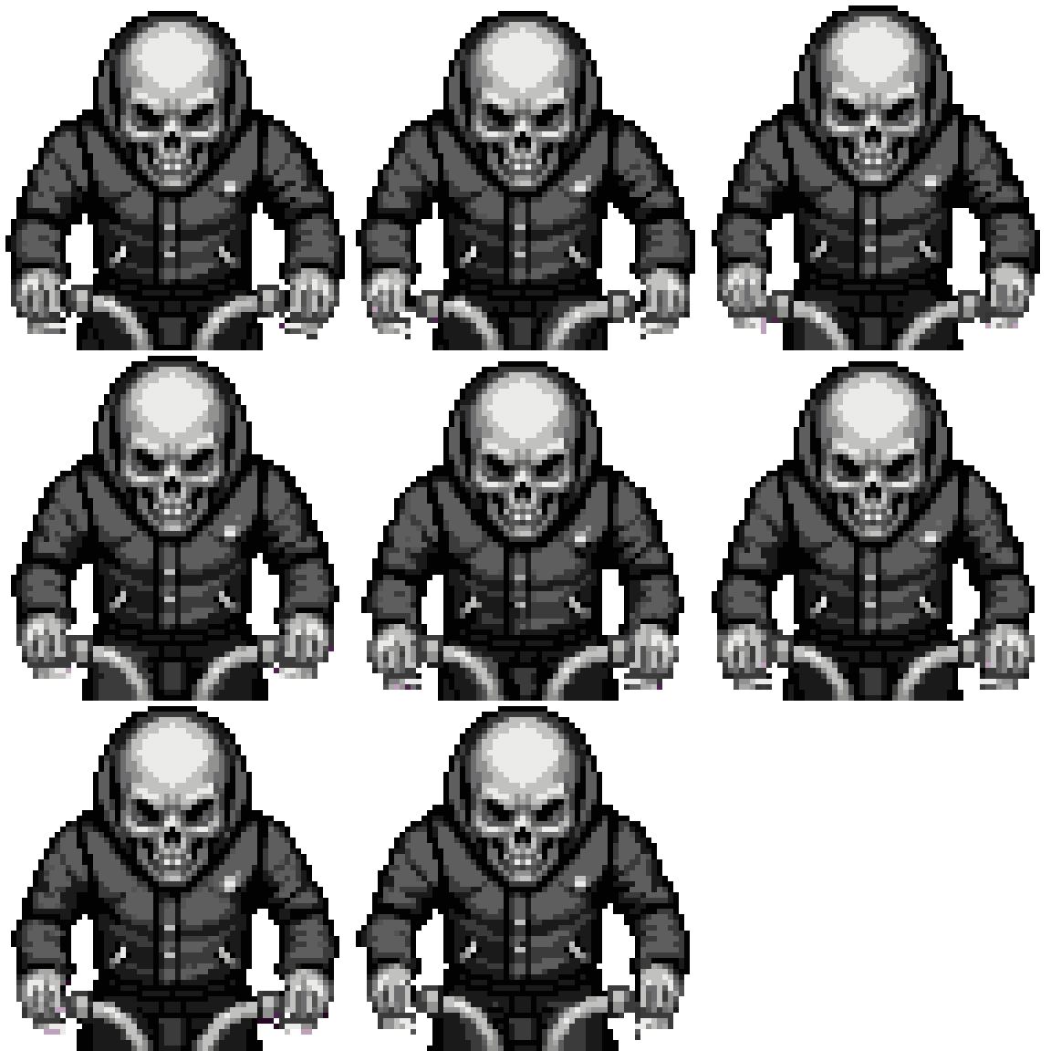Biker with Skeleton Head and Black Jacket Walking pixel art