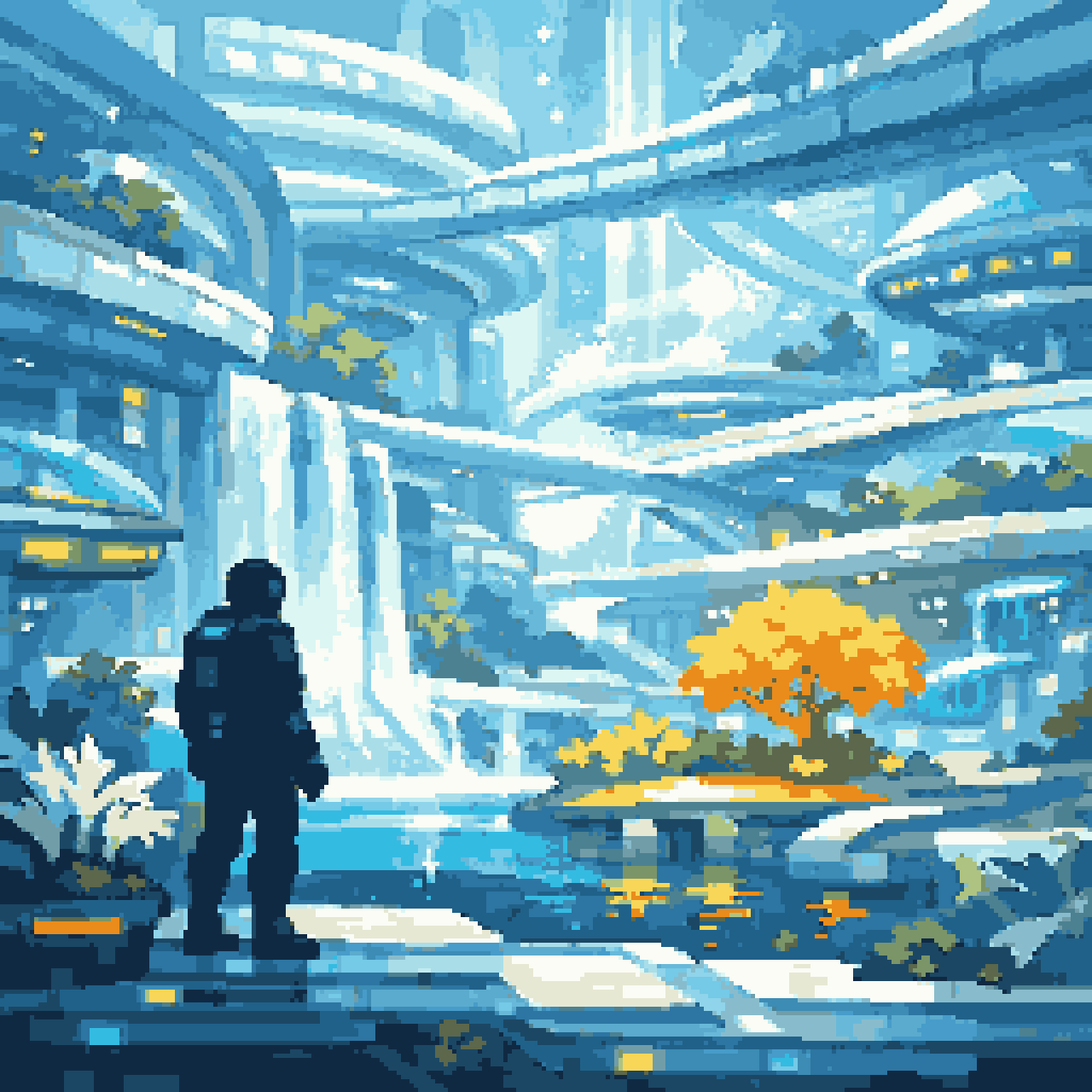 Luminous Utopian Orbital Station Interior pixel art
