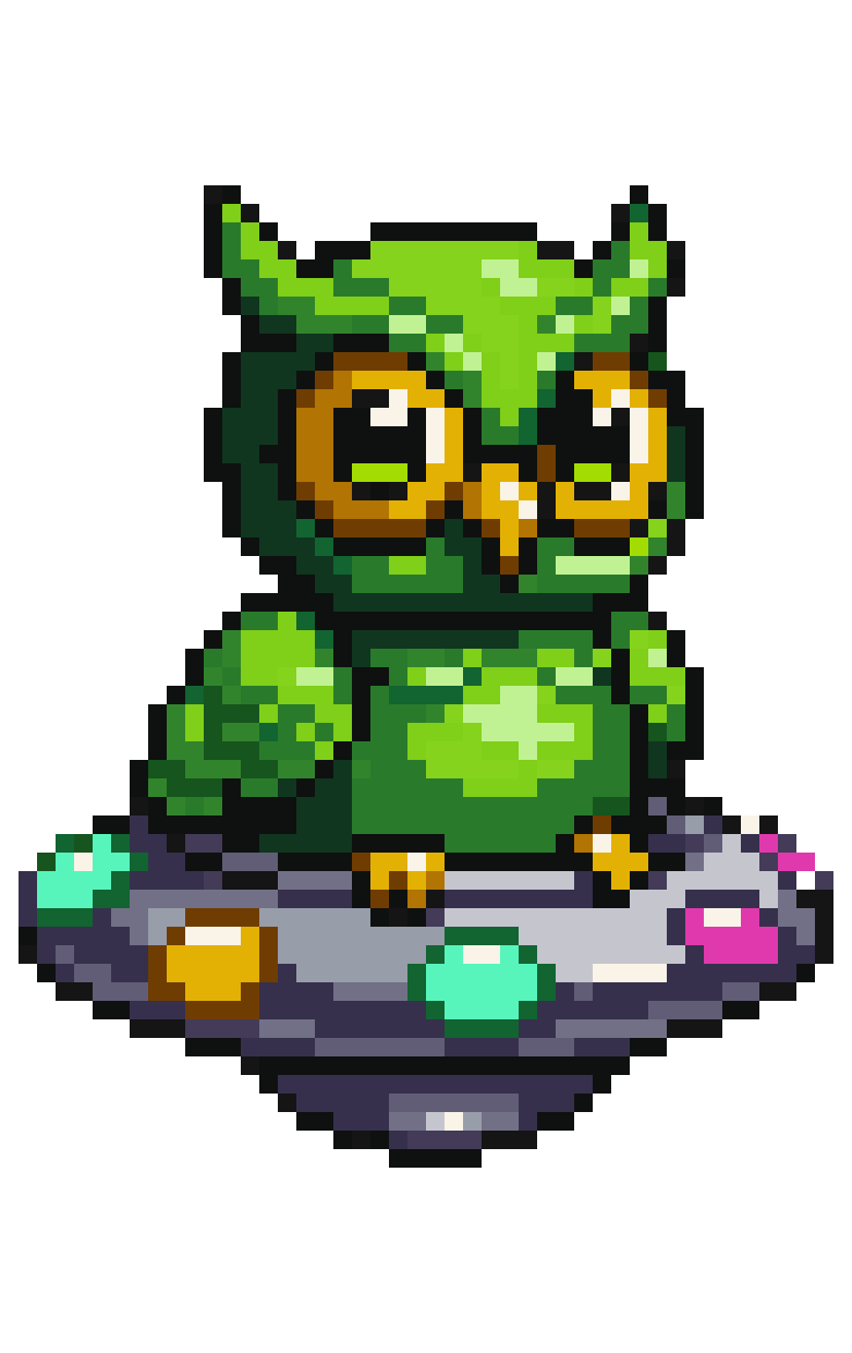 green alien owl in UFO pixel art