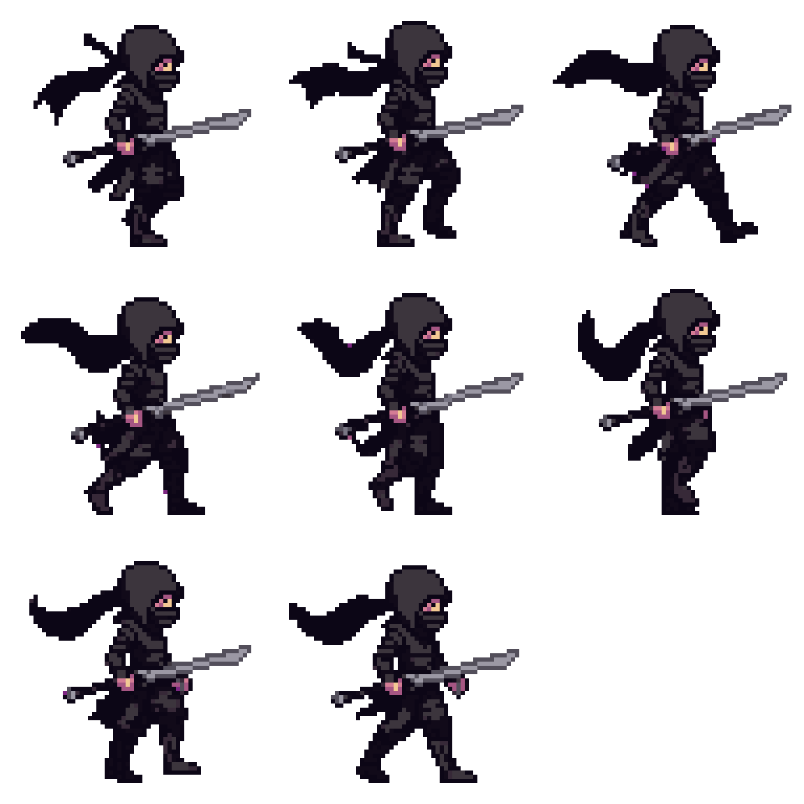 ninja with a large sword and black hair Walking pixel art