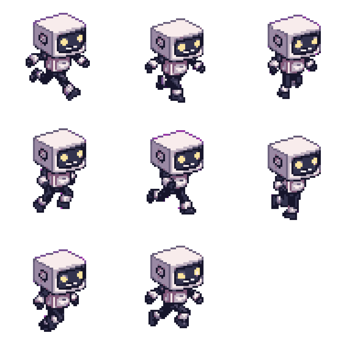 Chibi Cubehead Robot Running Downwards Running pixel art