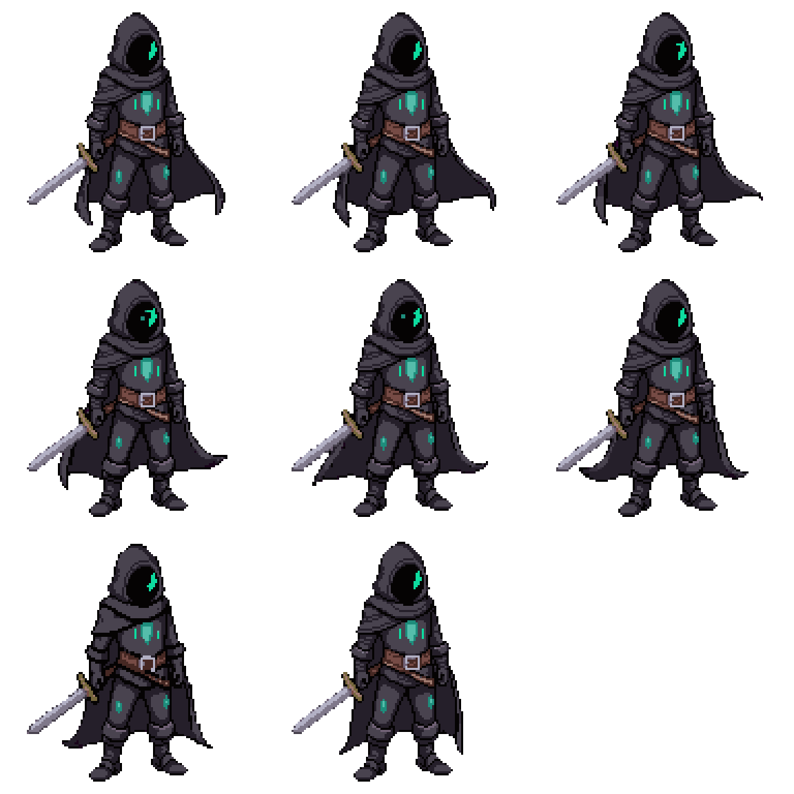 Hooded Rogue Swordsman with Cloak Idle pixel art