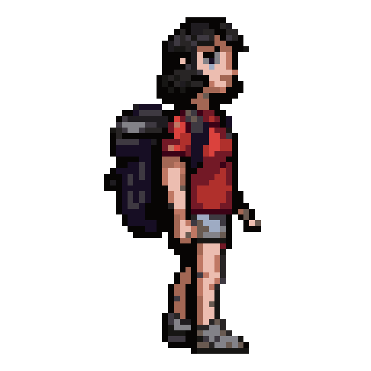woman in post-apocalyptic outfit with weapons pixel art