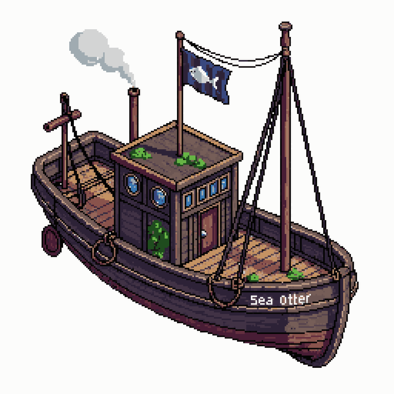 Detailed Wooden Fishing Boat Sea Otter pixel art