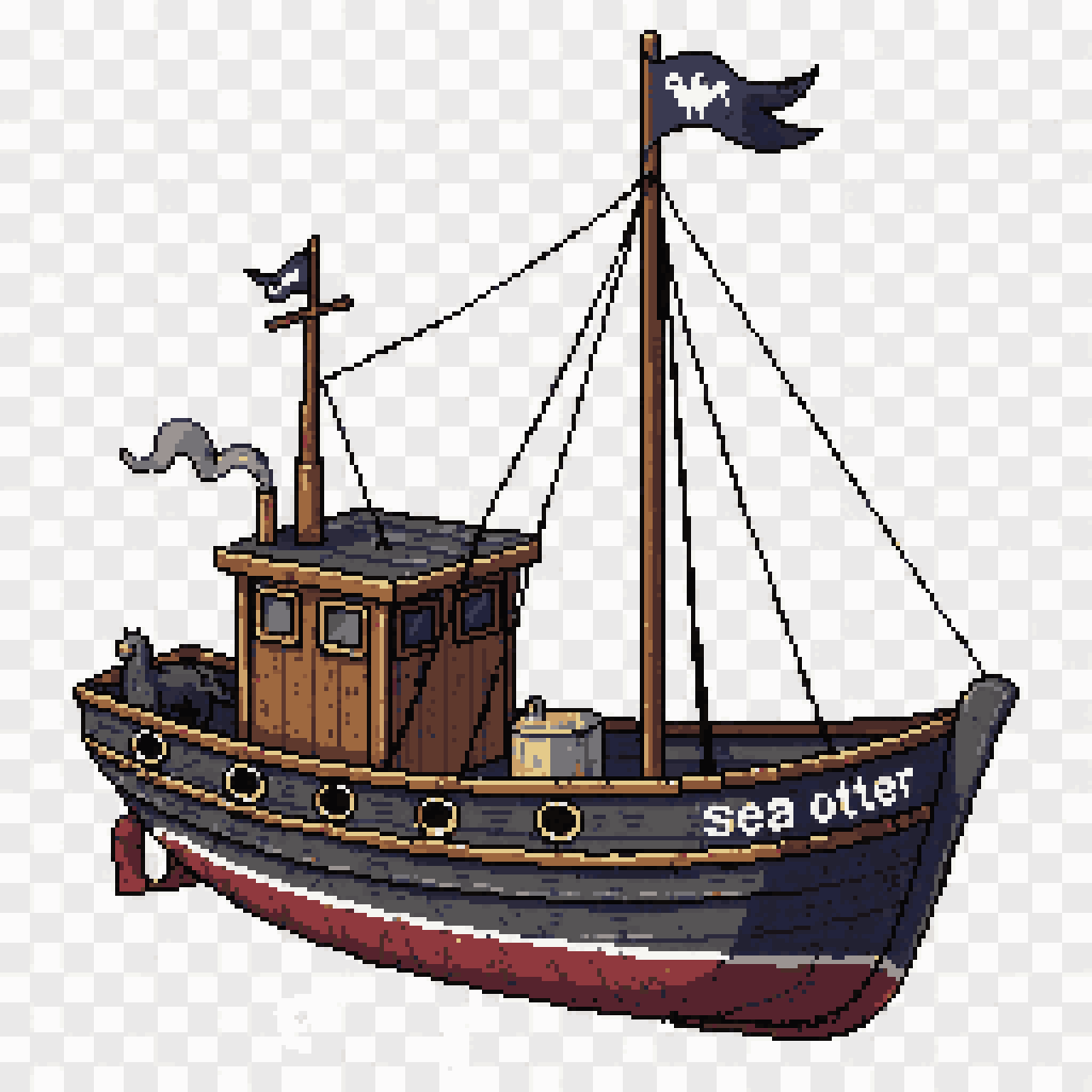 Detailed Wooden Fishing Boat Sea Otter pixel art