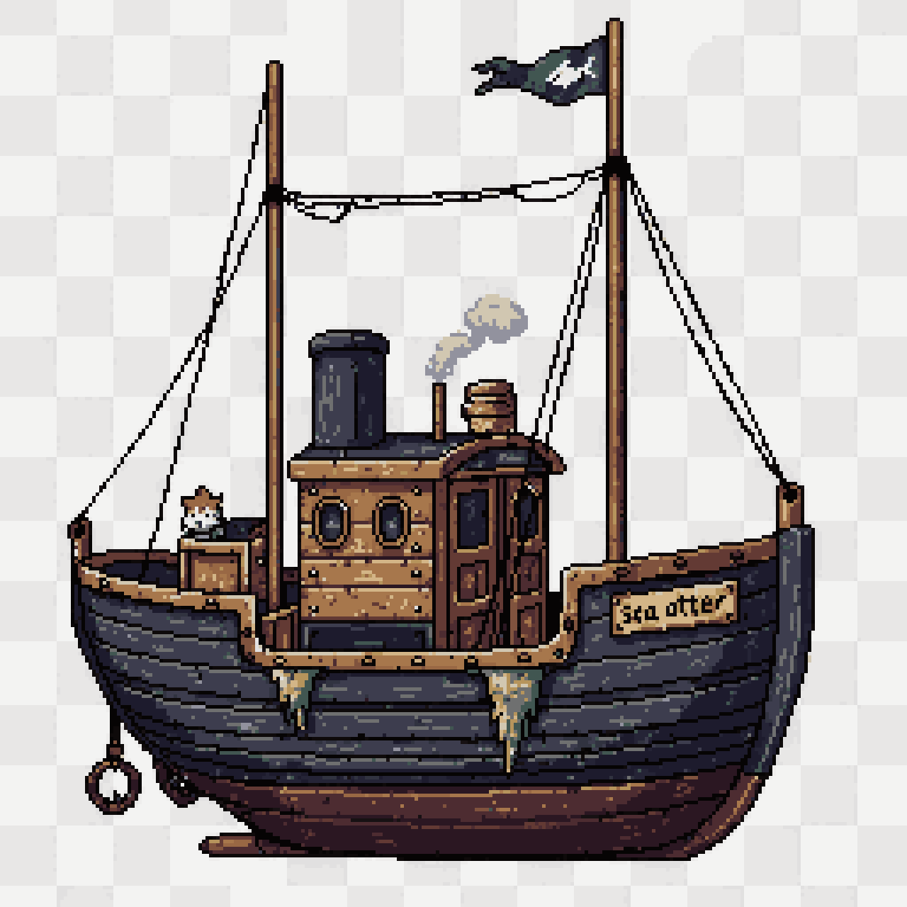 Detailed Wooden Fishing Boat Sea Otter pixel art