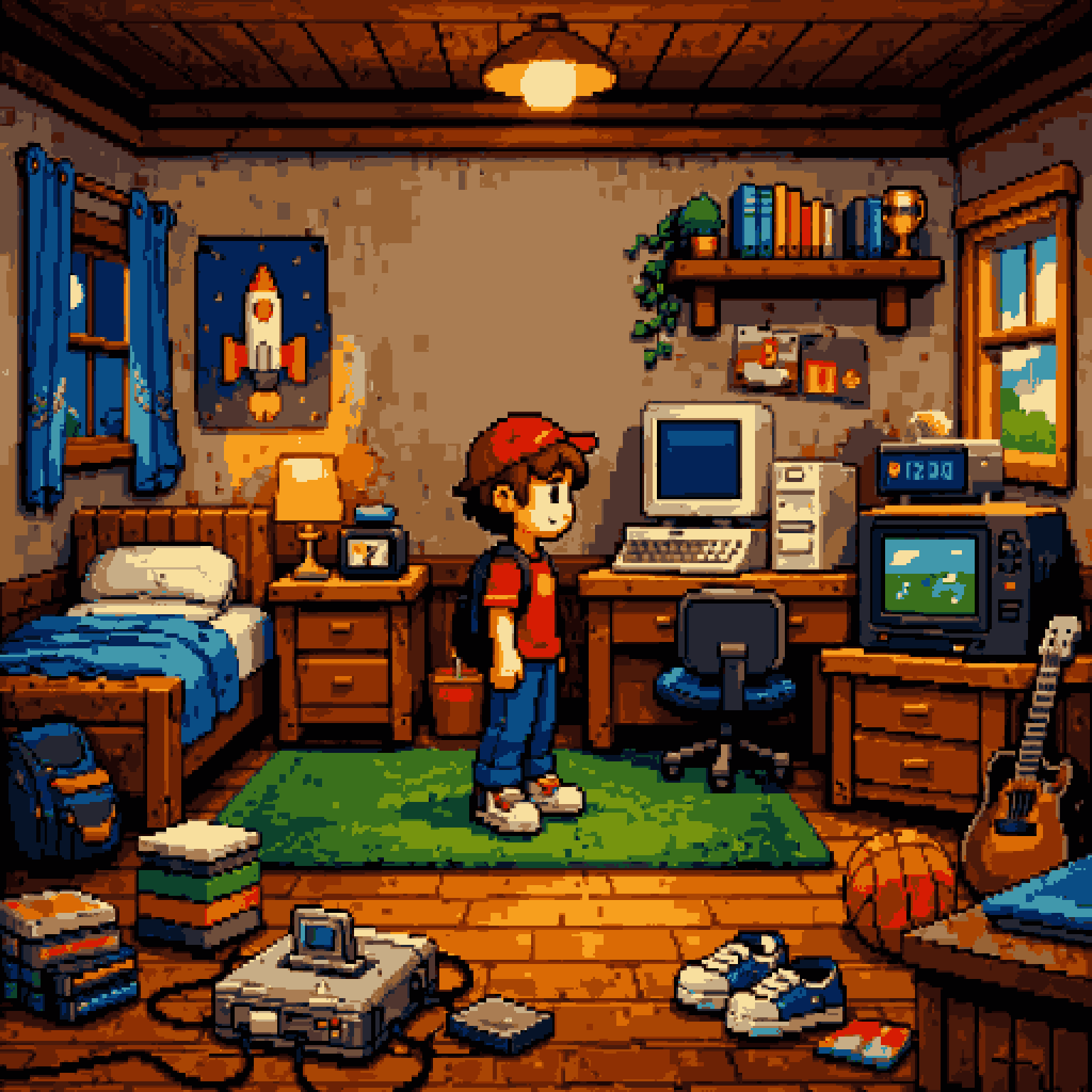 Top-down pixel art bedroom interior pixel art