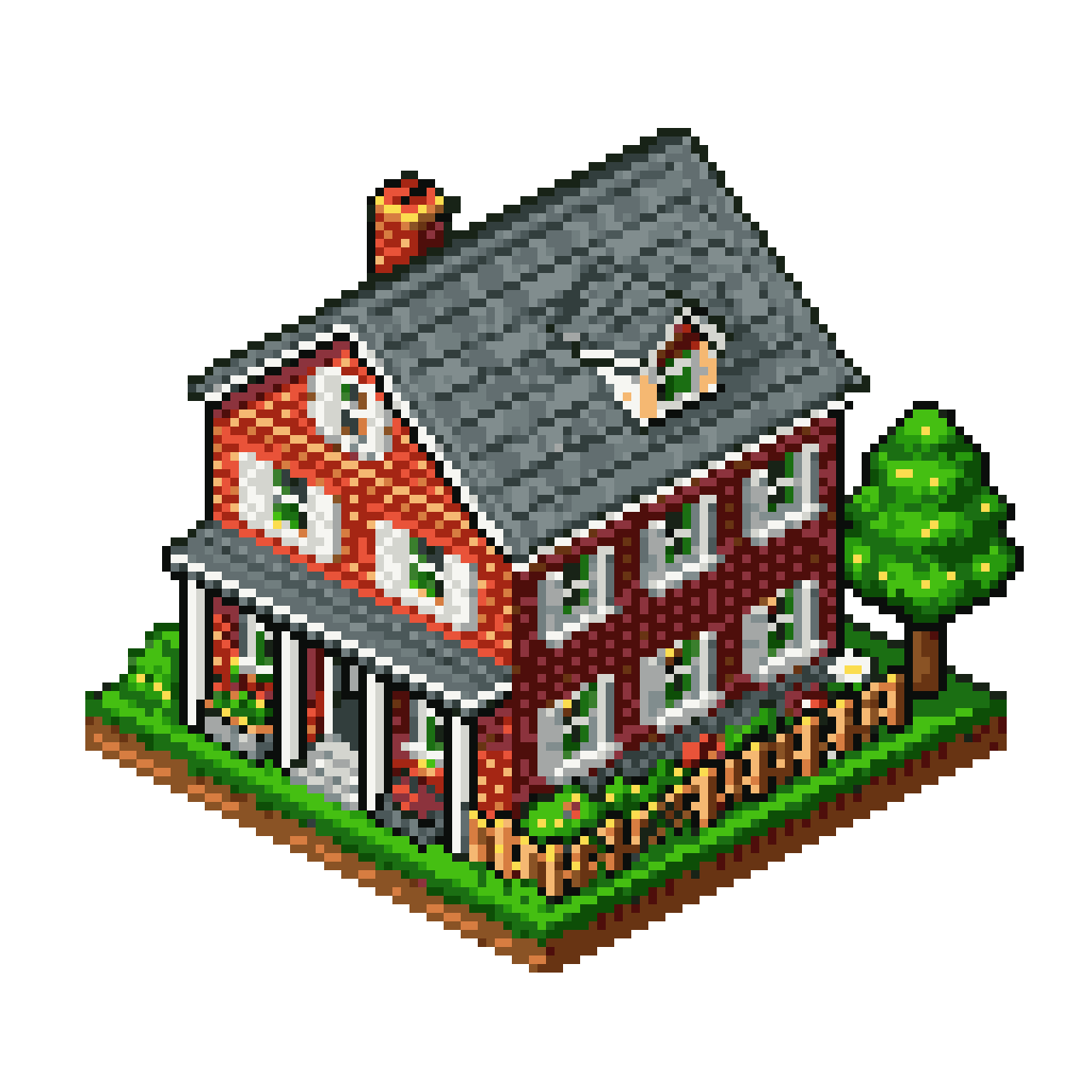 two-story house with garden pixel art
