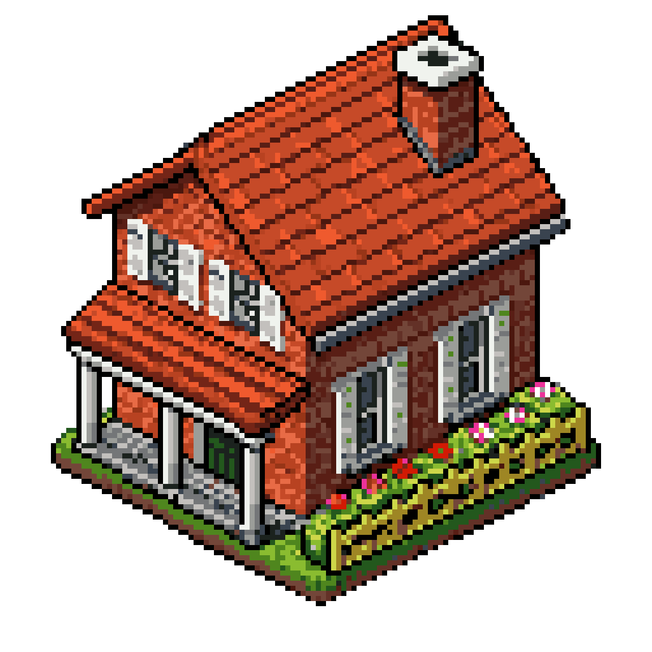 two-story house with garden pixel art