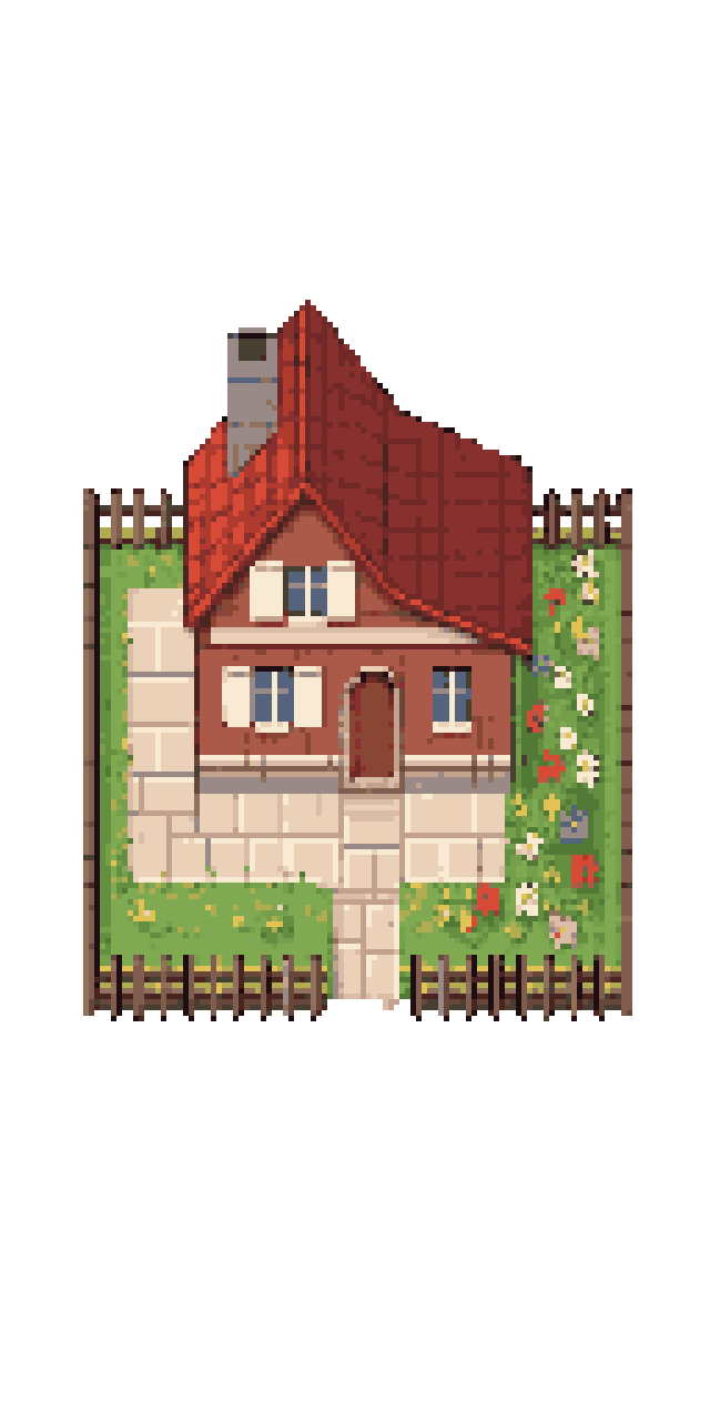 two-story house with garden pixel art
