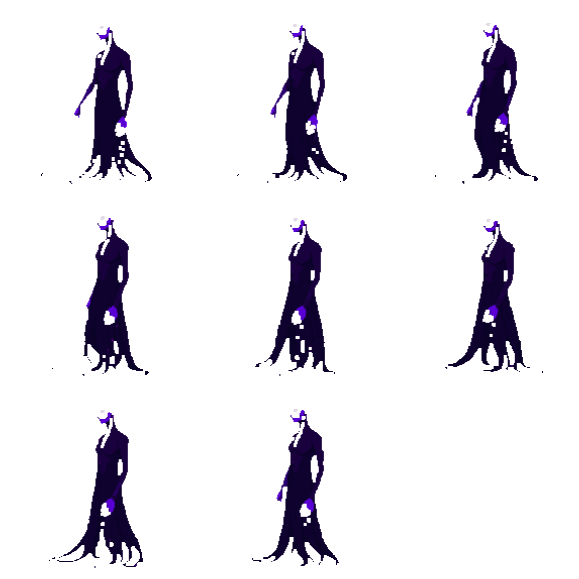 Elegant Humanoid Silhouette with Violet Glow Walking pixel art