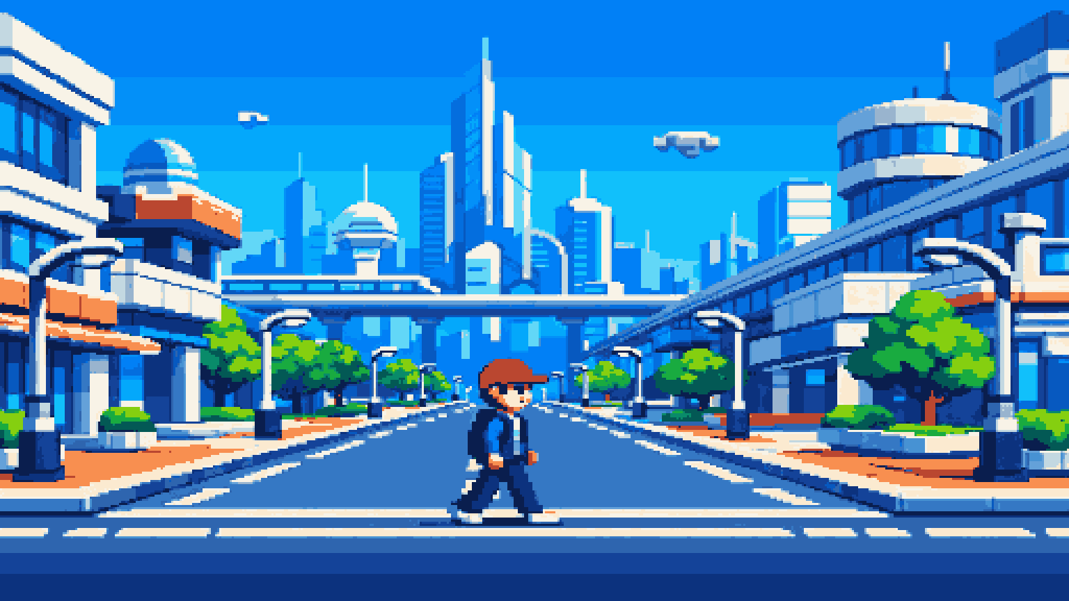 Peaceful Futuristic City Street pixel art