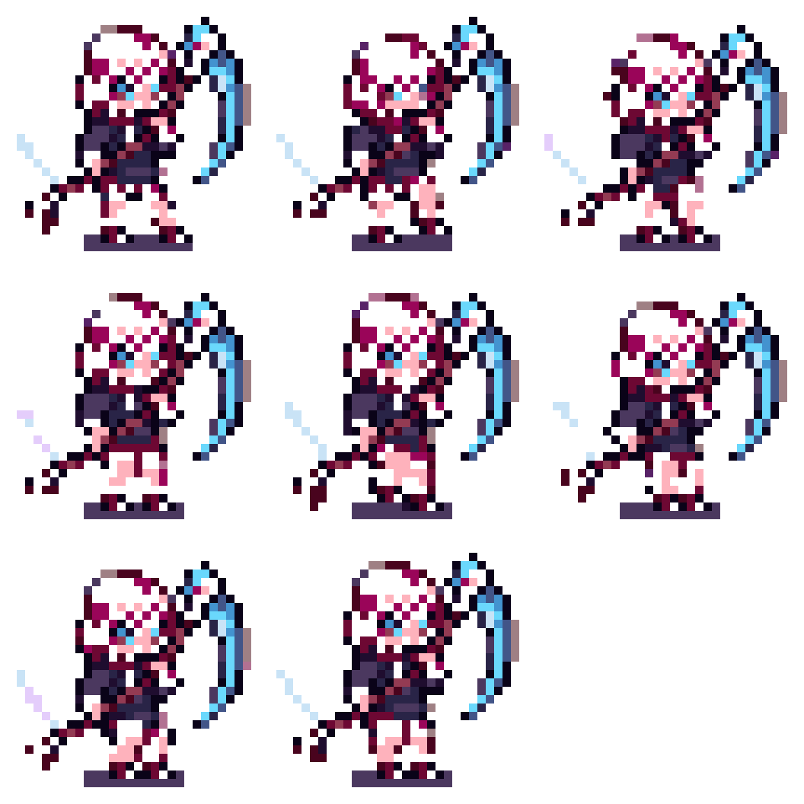cute fierce pink-haired scythe girl Idle pixel art