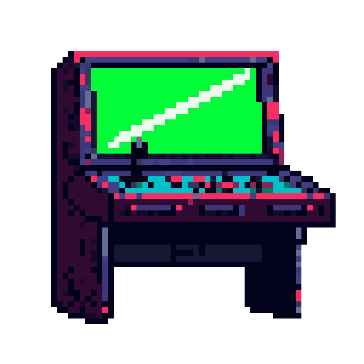 control console desk with glowing screen pixel art