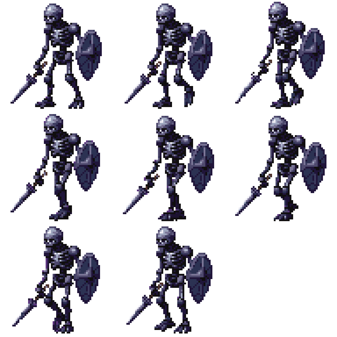 Dark Fantasy Skeleton with Sword and Shield Walking pixel art
