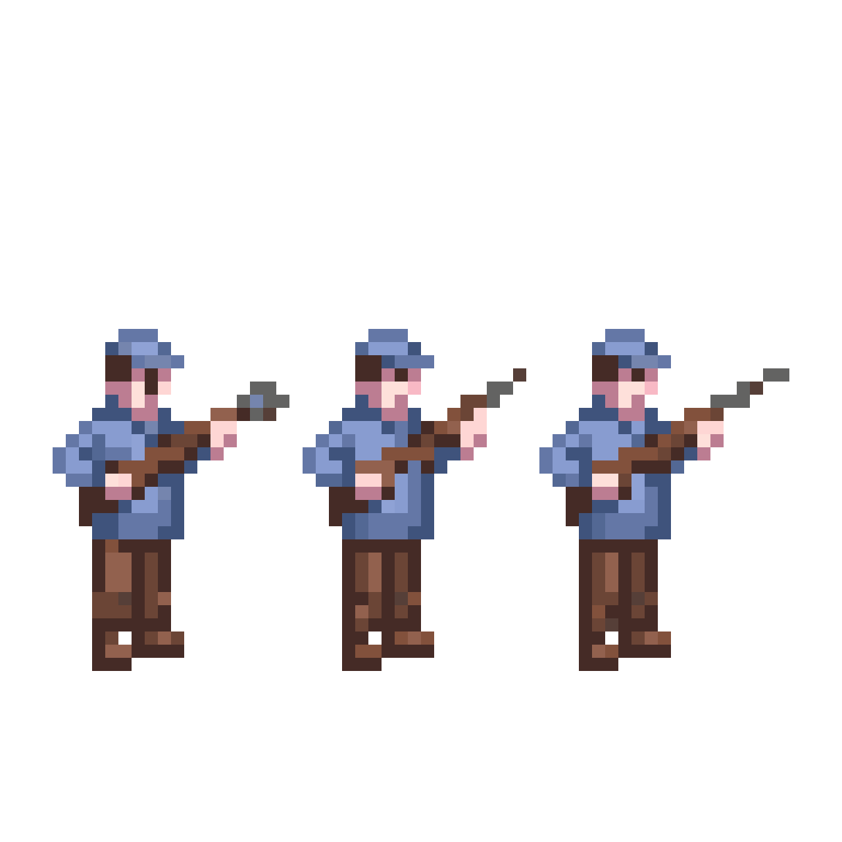 three riflemen in light blue uniforms pixel art