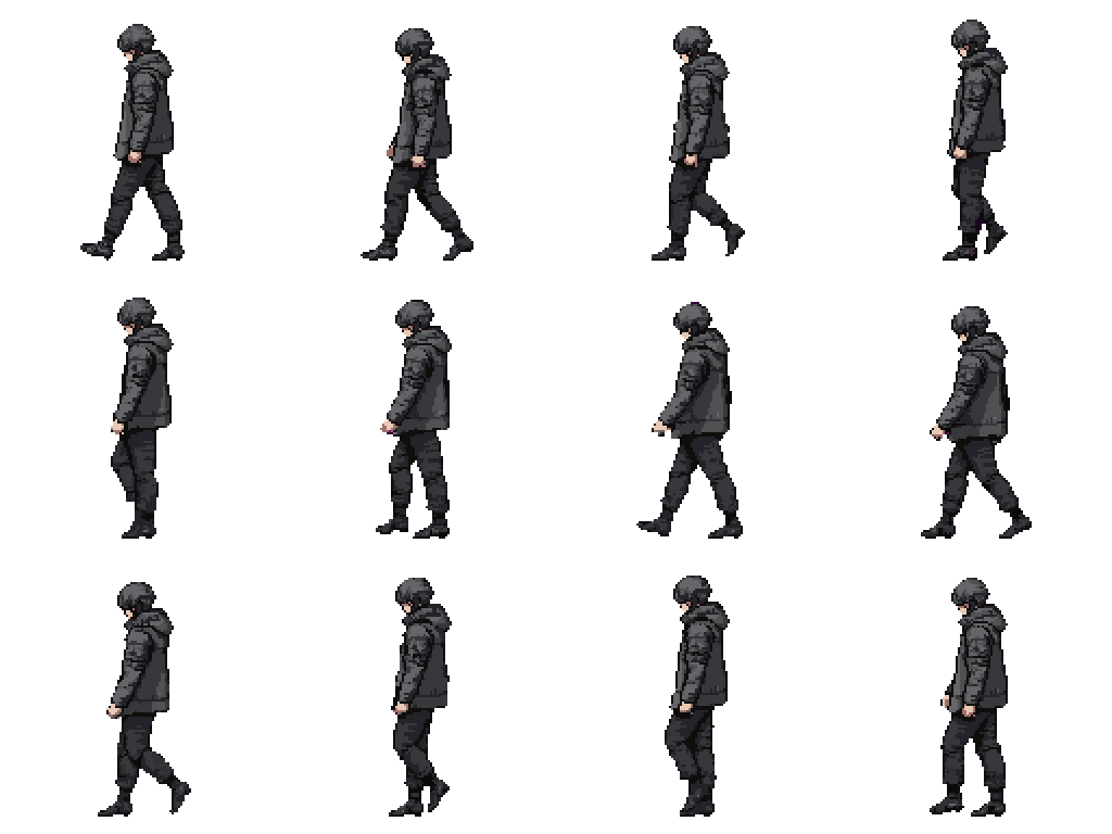 Cyberpunk Character in Neo Militarism Clothing Walking pixel art