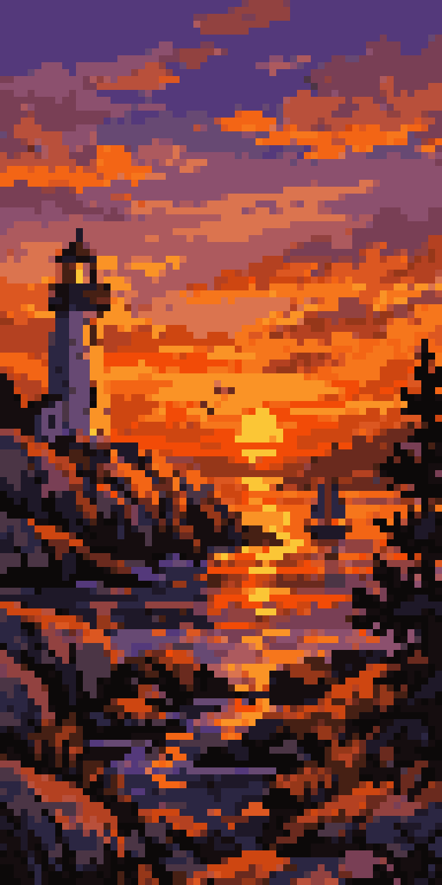 Sunset Scene with Lighthouse in Nova Scotia pixel art