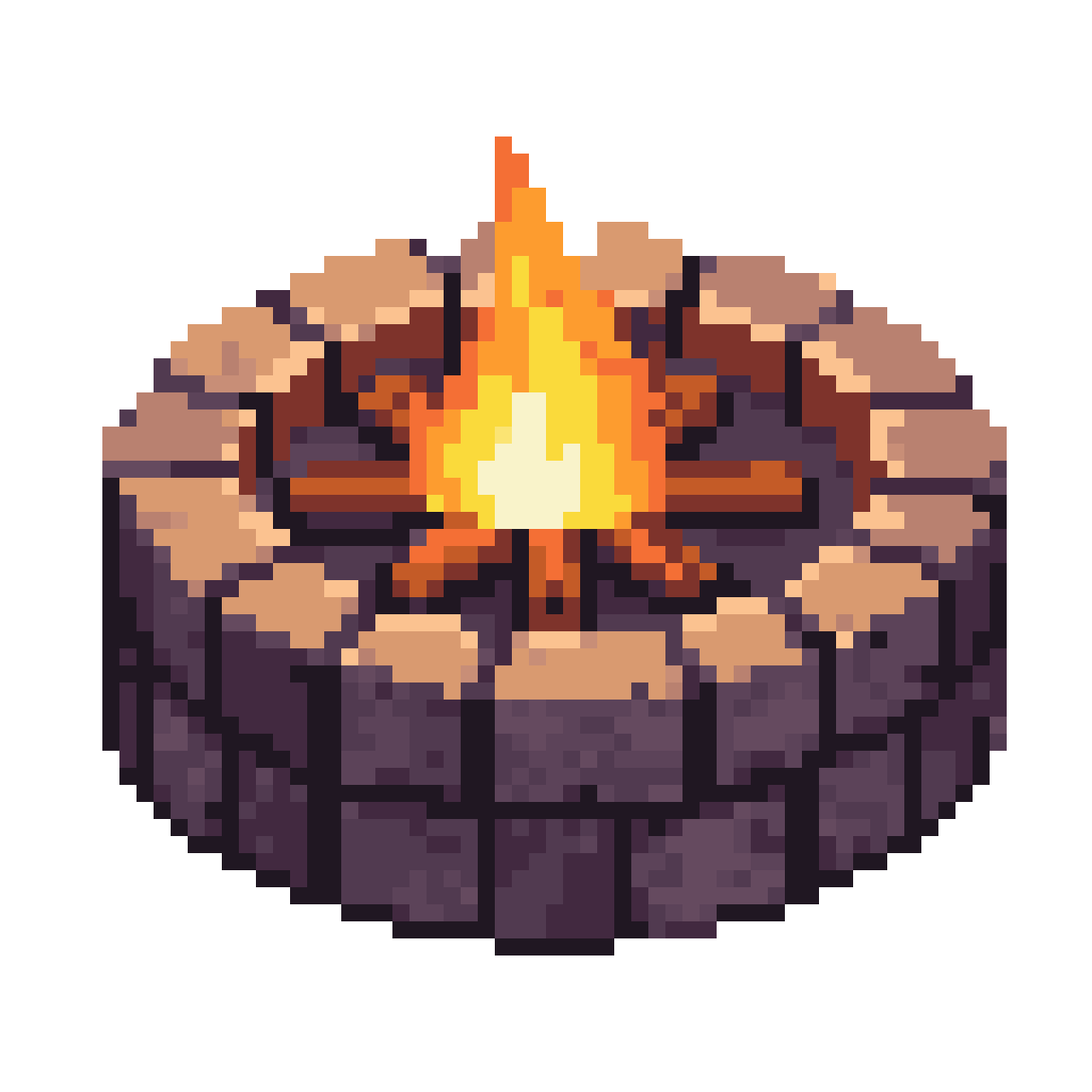 2D top-down campfire with stone pit pixel art