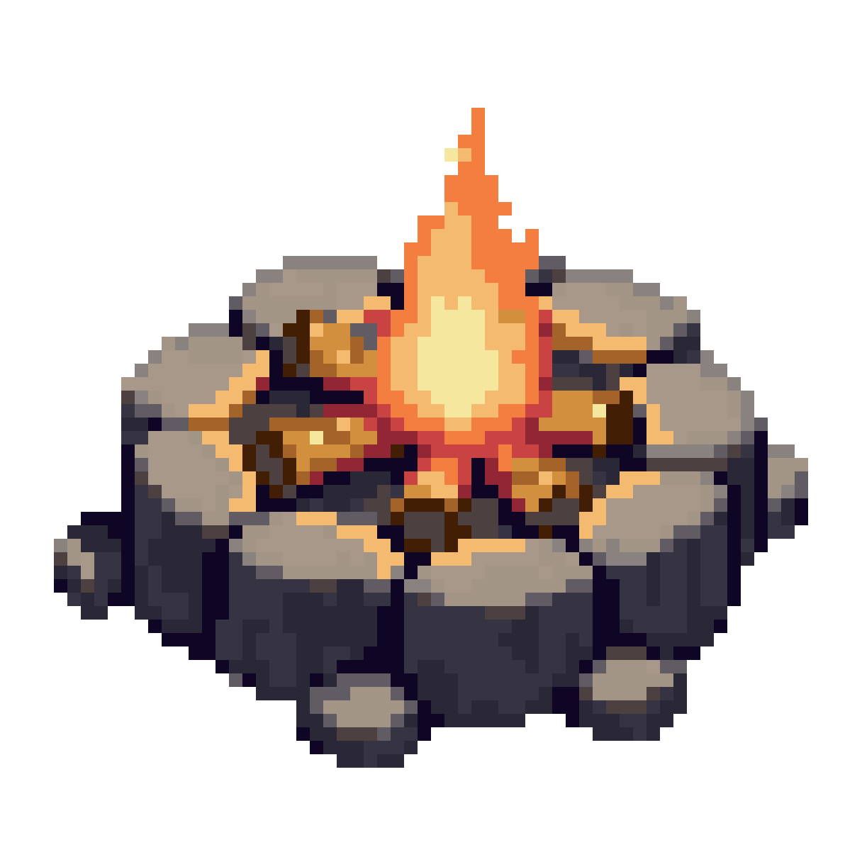 2D top-down campfire with stone pit pixel art