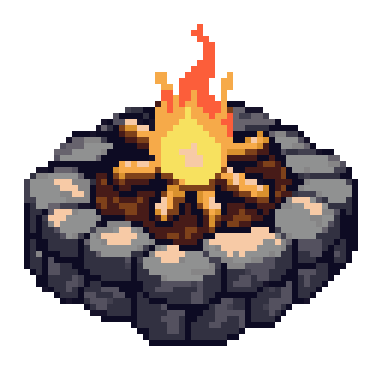 2D top-down campfire with stone pit pixel art