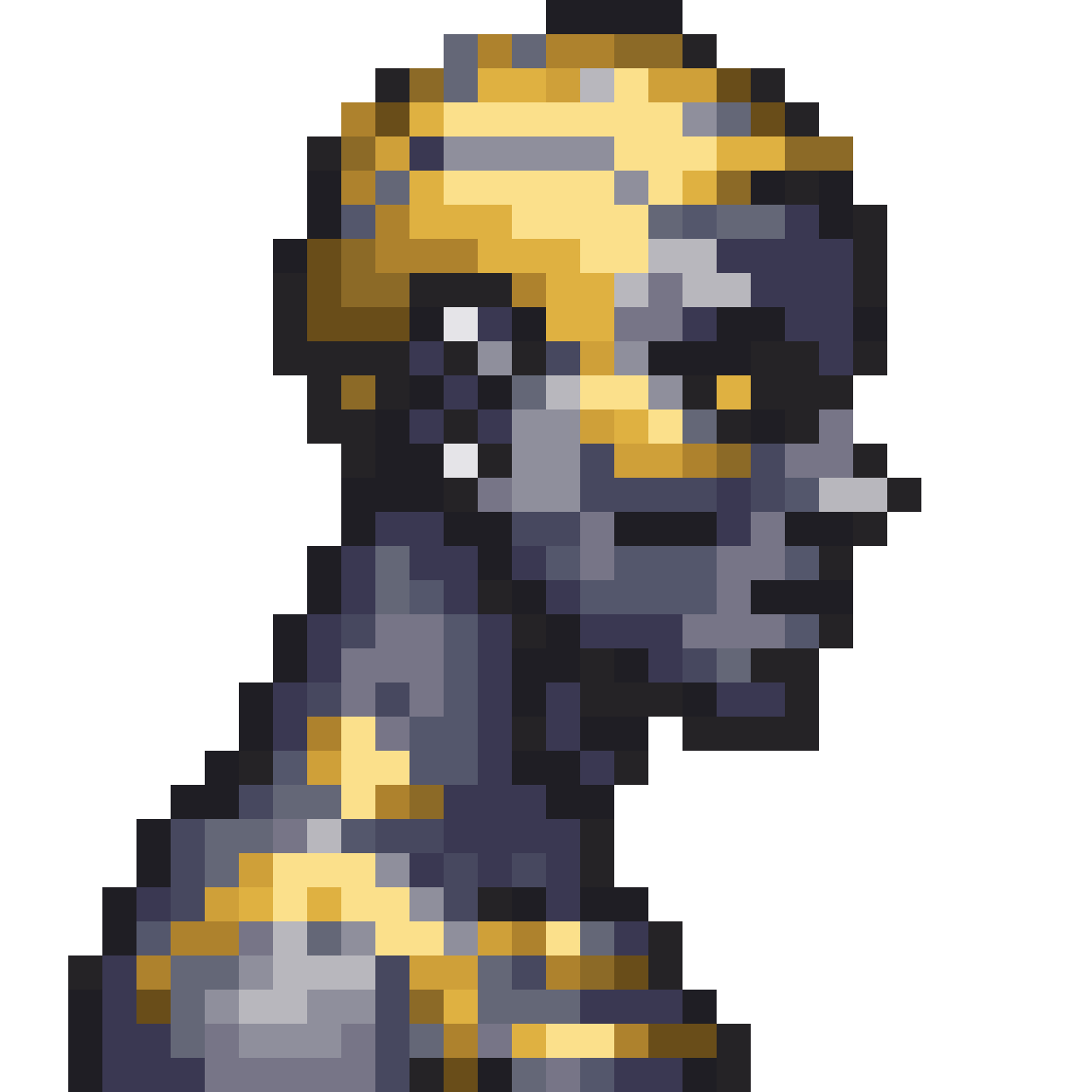 2D character with gray skin and golden veins pixel art