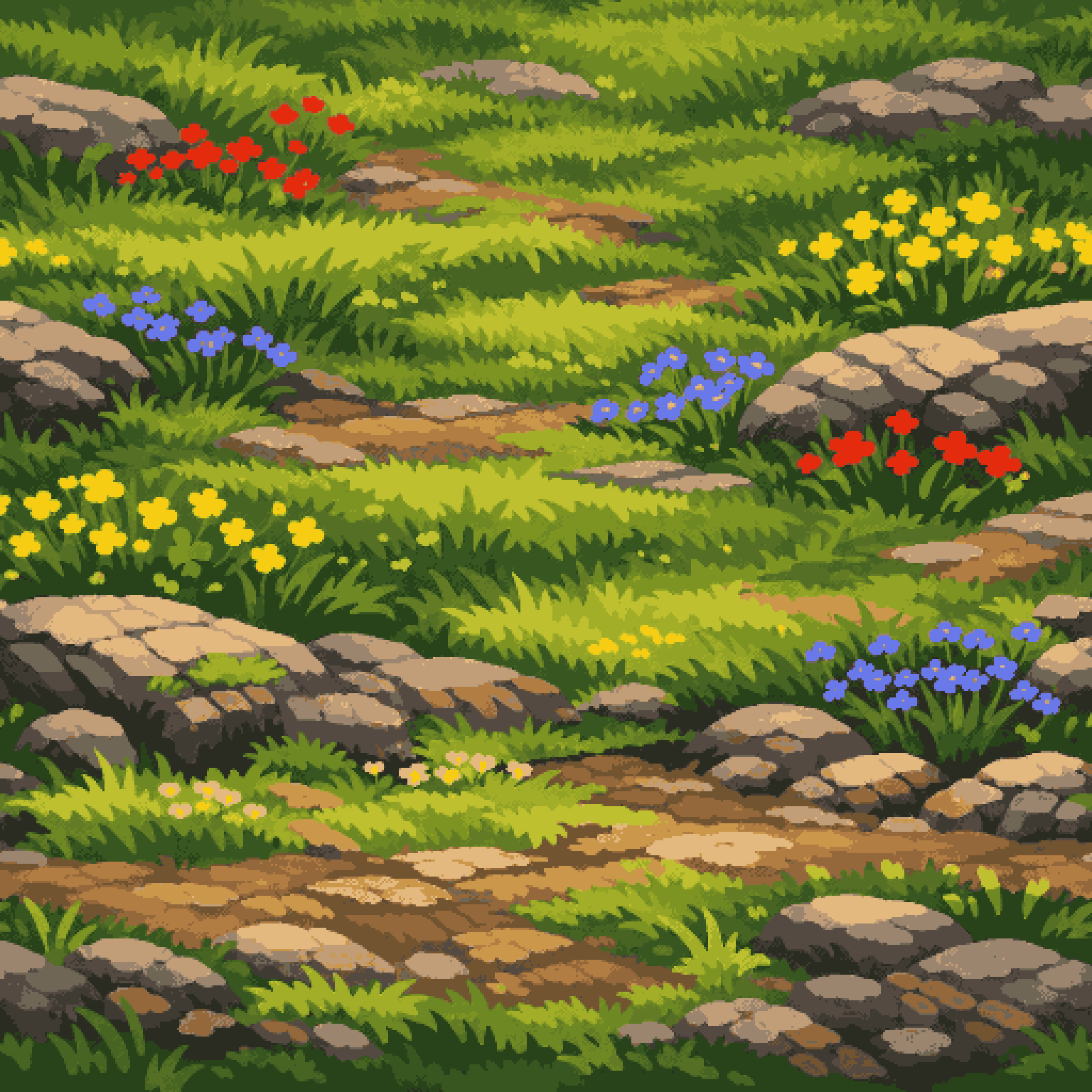 detailed forest floor with wildflowers pixel art