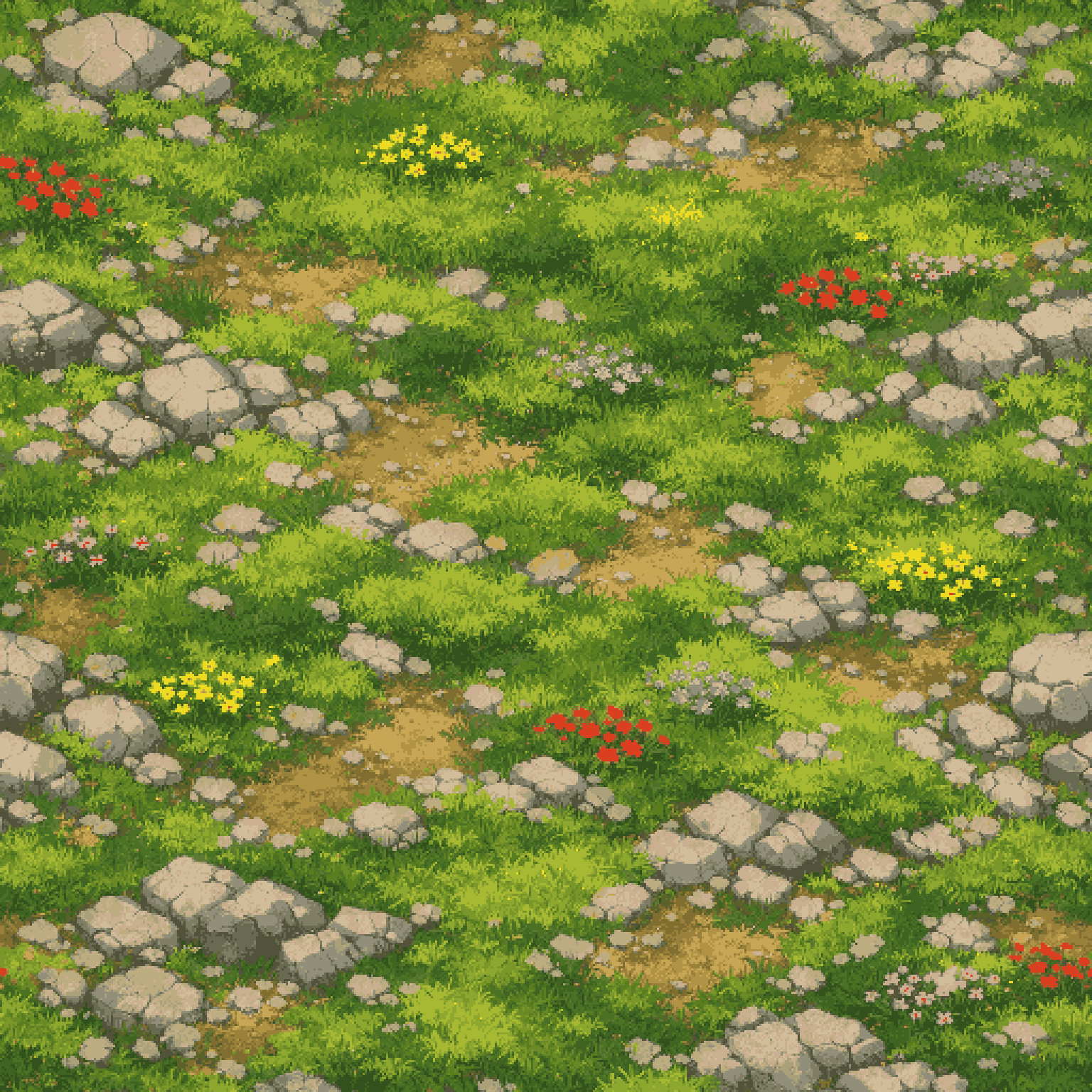 detailed forest floor with wildflowers pixel art