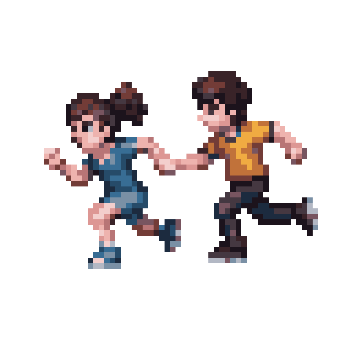 two characters running holding hands pixel art
