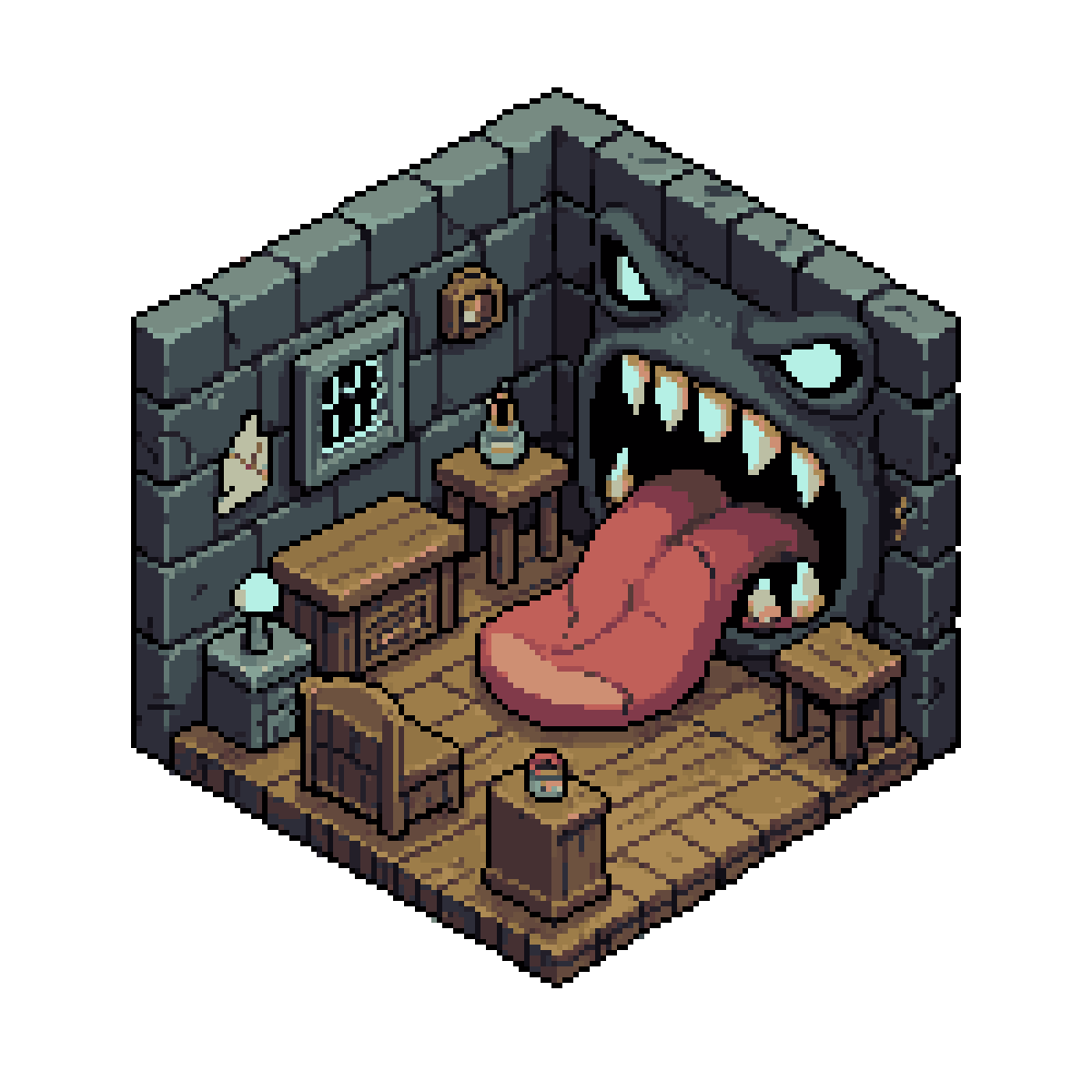 Pixel art, isometric room interior, pixel art
