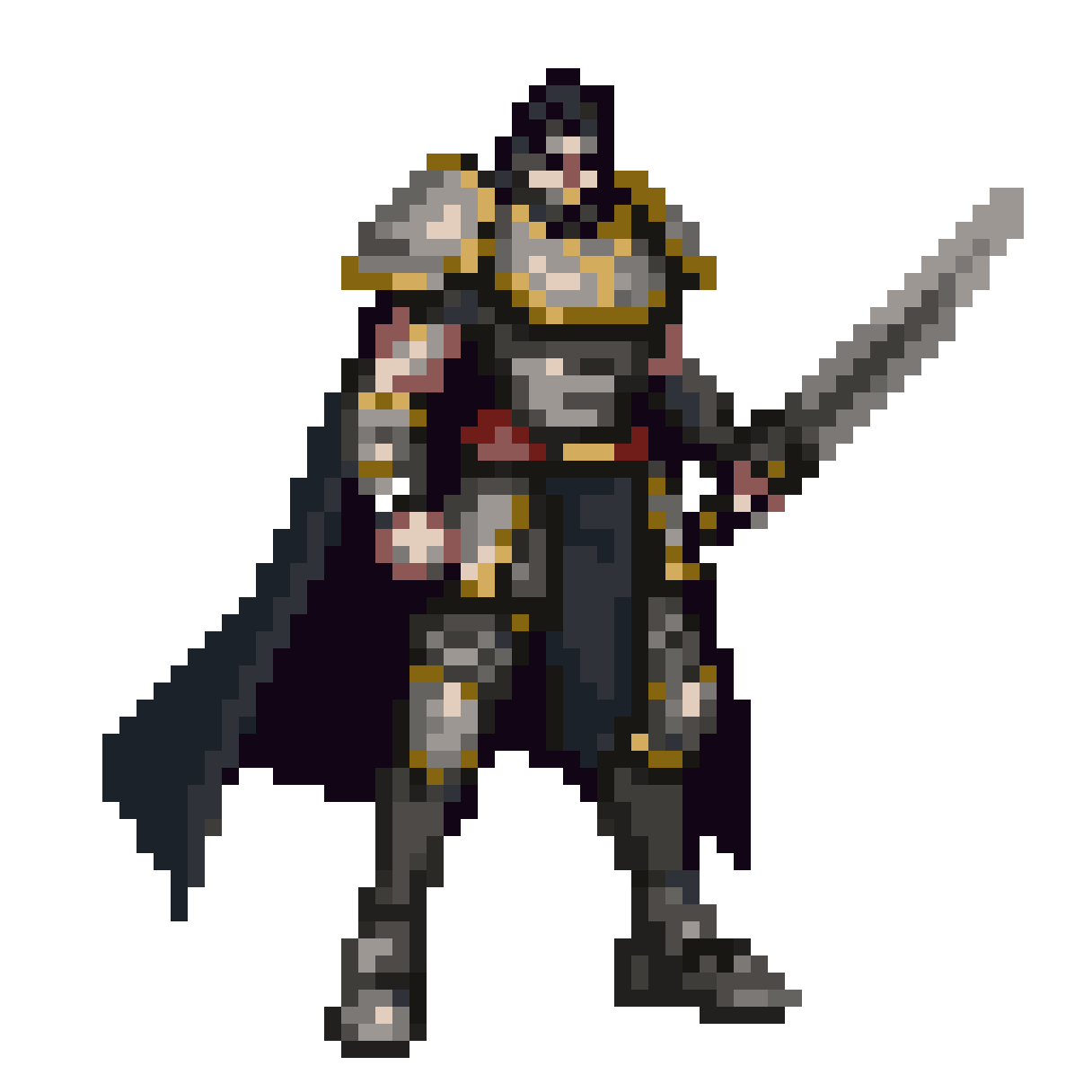A legendary hero with great armor and sword pixel art